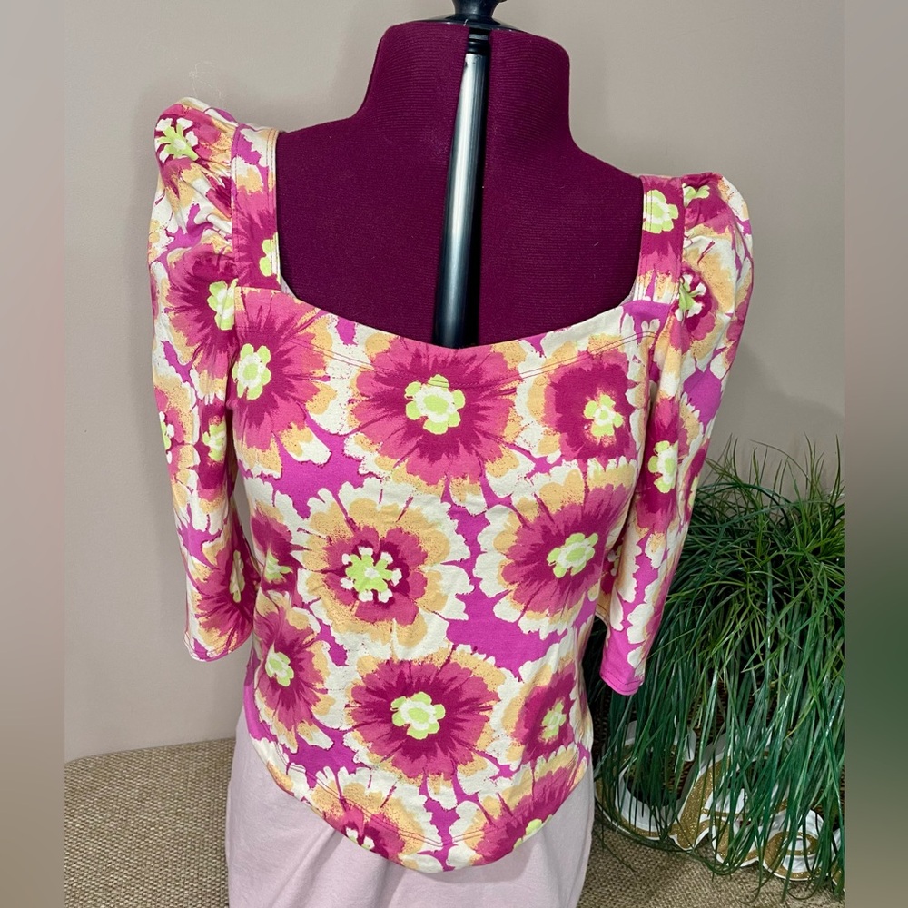 Free People Multicolor Floral Cropped Top with Puff Sleeves 
-size Large